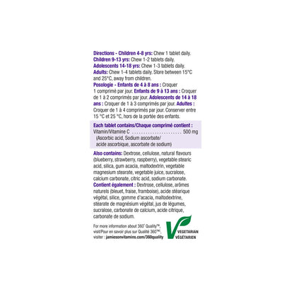Directions, ingredients warnings for Jamieson Vitamin C 500 mg Chewables Wild Blueberry (120 tablets)