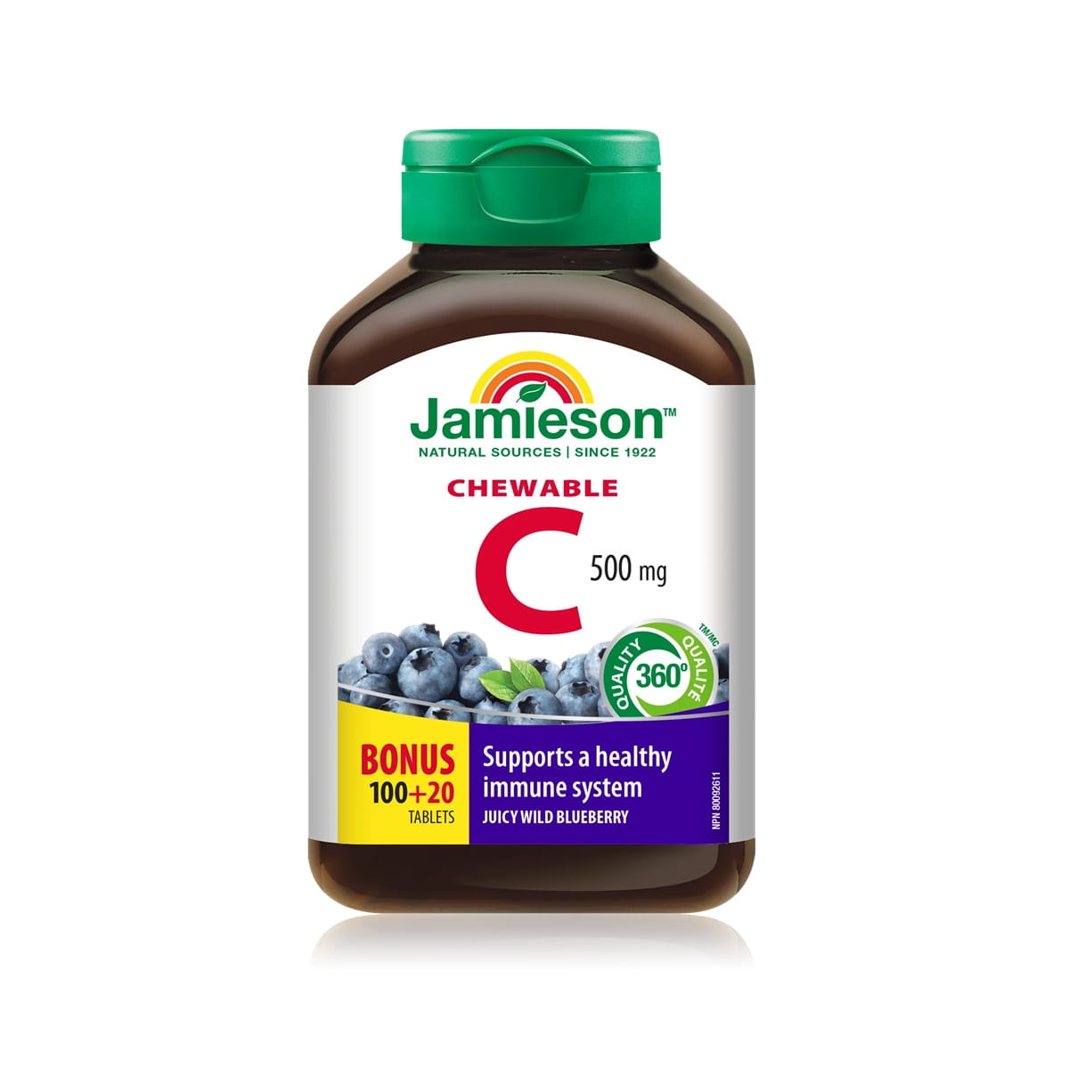 Product label for Jamieson Vitamin C 500 mg Chewables Wild Blueberry (120 tablets) EN