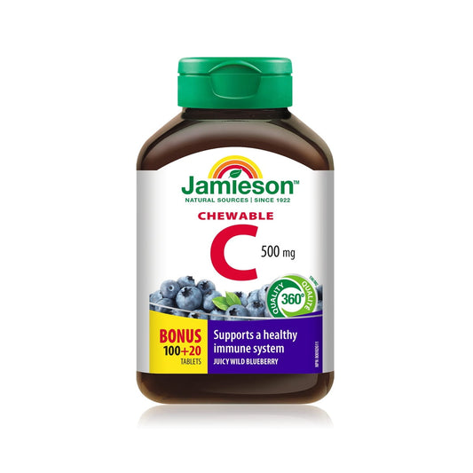 Product label for Jamieson Vitamin C 500 mg Chewables Wild Blueberry (120 tablets) EN