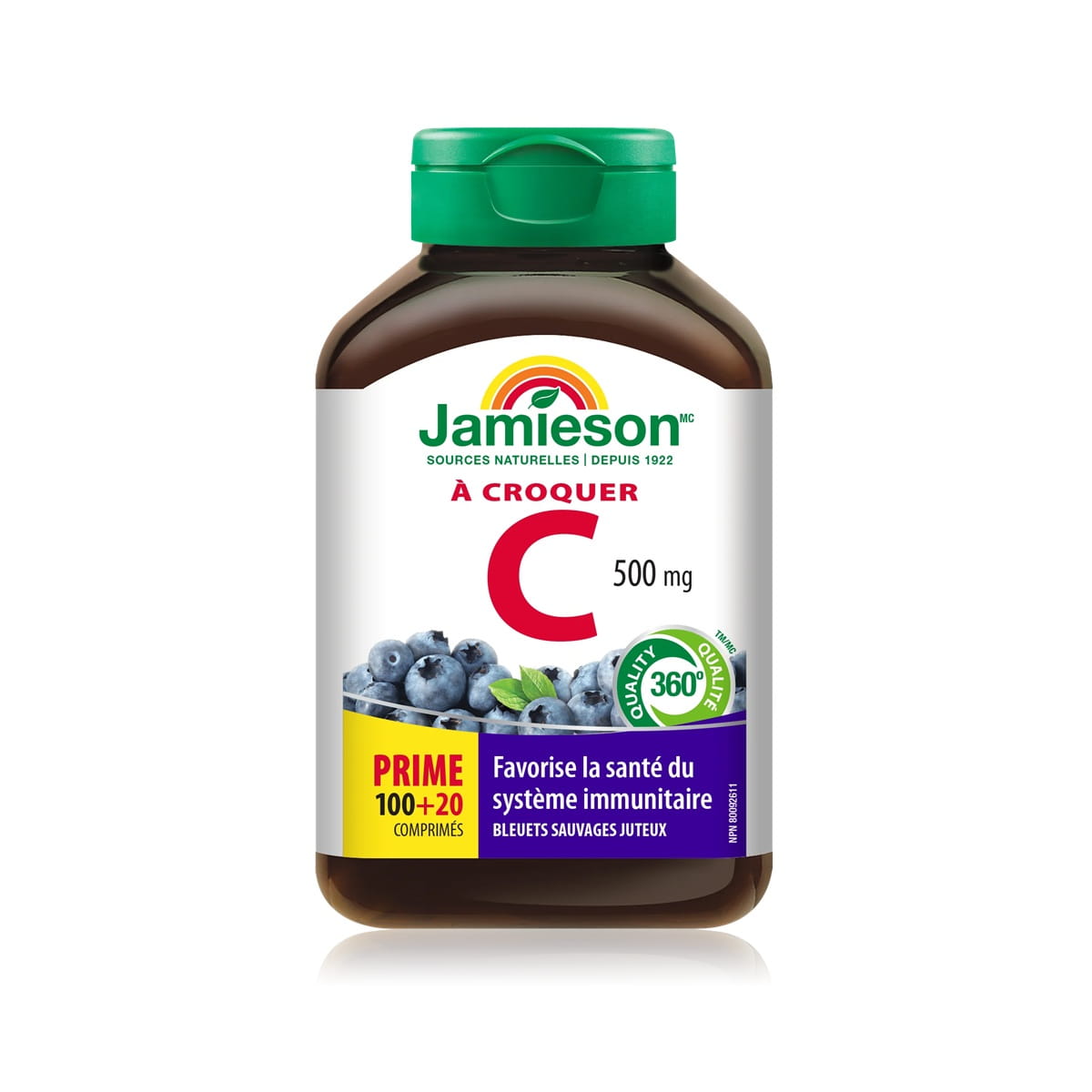 Product label for Jamieson Vitamin C 500 mg Chewables Wild Blueberry (120 tablets) FR