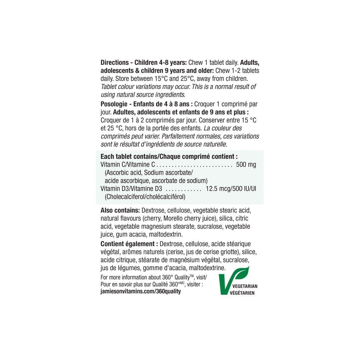 Directions, ingredients for Jamieson Vitamin C 500 mg + D3 500 IU (75 tablets)