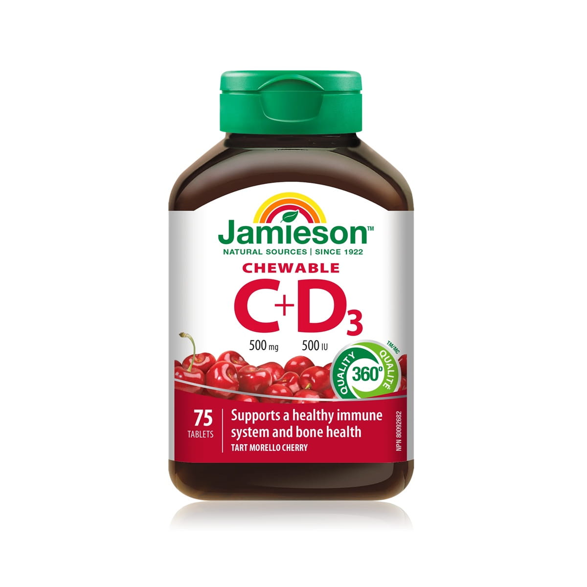 Product label for Jamieson Vitamin C 500 mg + D3 500 IU (75 tablets) EN