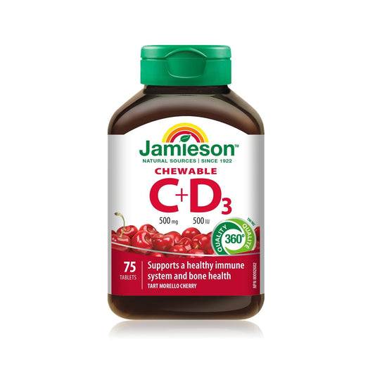 Product label for Jamieson Vitamin C 500 mg + D3 500 IU (75 tablets) EN