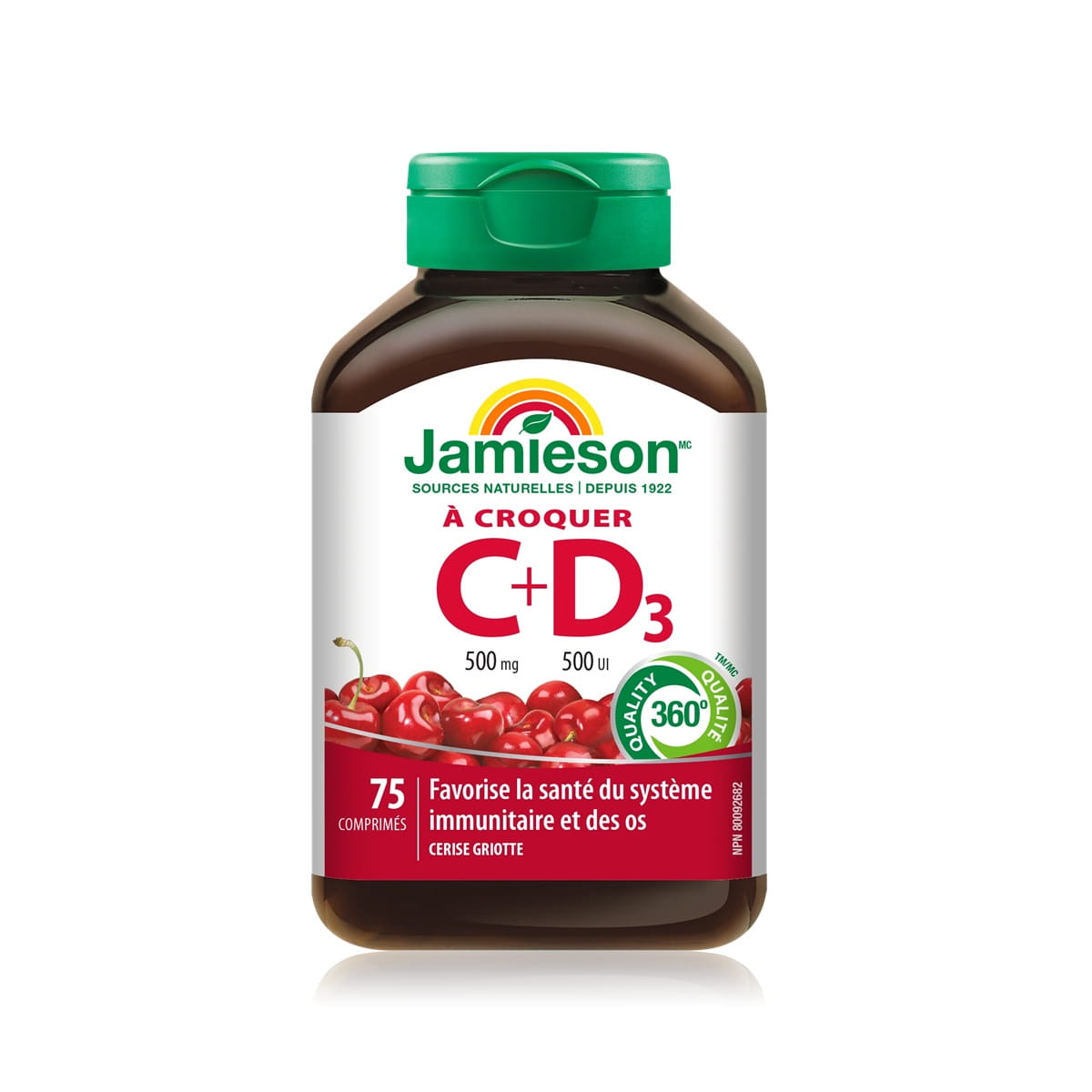 Product label for Jamieson Vitamin C 500 mg + D3 500 IU (75 tablets) FR