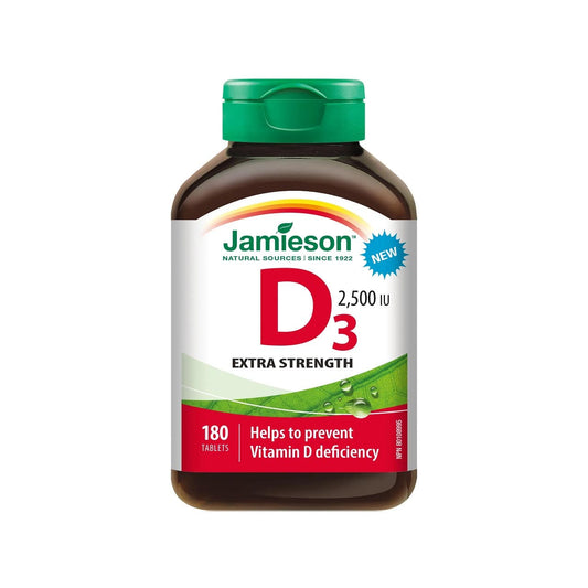 Product label for Jamieson Vitamin D3 2500 IU (180 tablets) in English