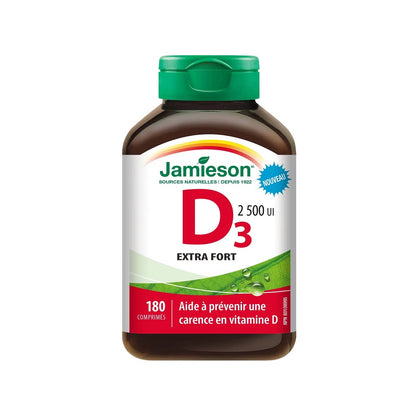 Product label fro Jamieson Vitamin D3 2500 IU (180 tablets) in French