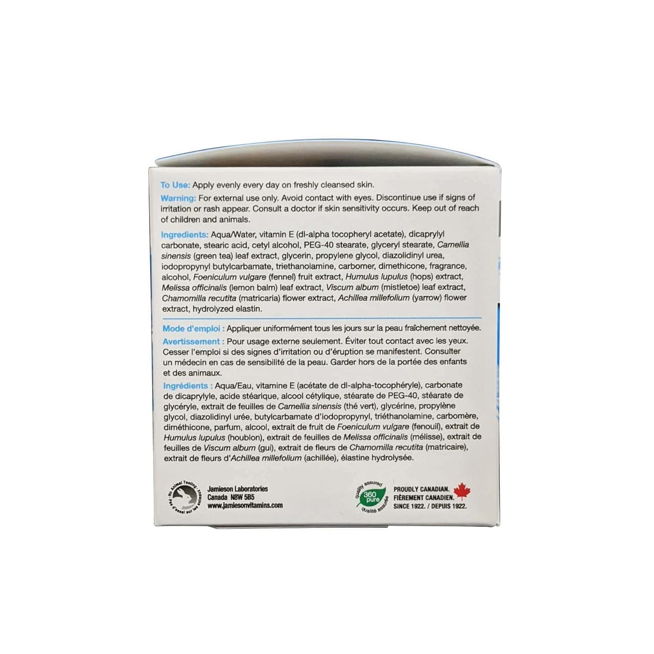 Uses, warnings, and ingredients for Jamieson ProVitamina Vitamin E Deep Nourishing Day Cream (120 mL)