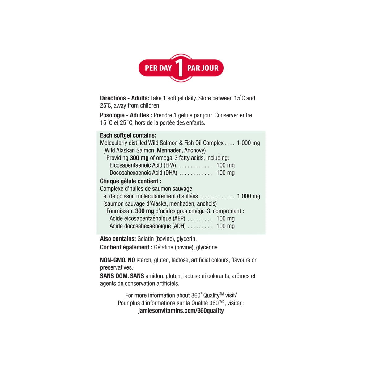 Directions, ingredients for Jamieson Wild Salmon and Fish Oil Omega-3 Complex (280 softgels)