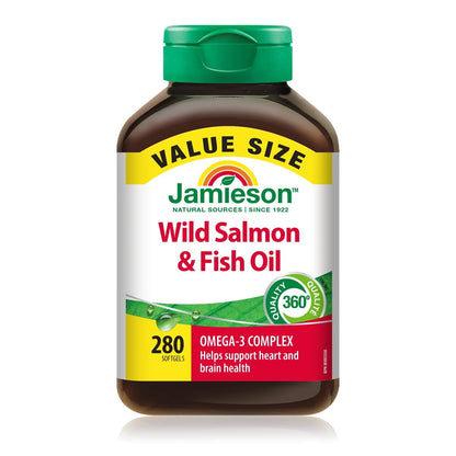Product label for Jamieson Wild Salmon and Fish Oil Omega-3 Complex (280 softgels) EN