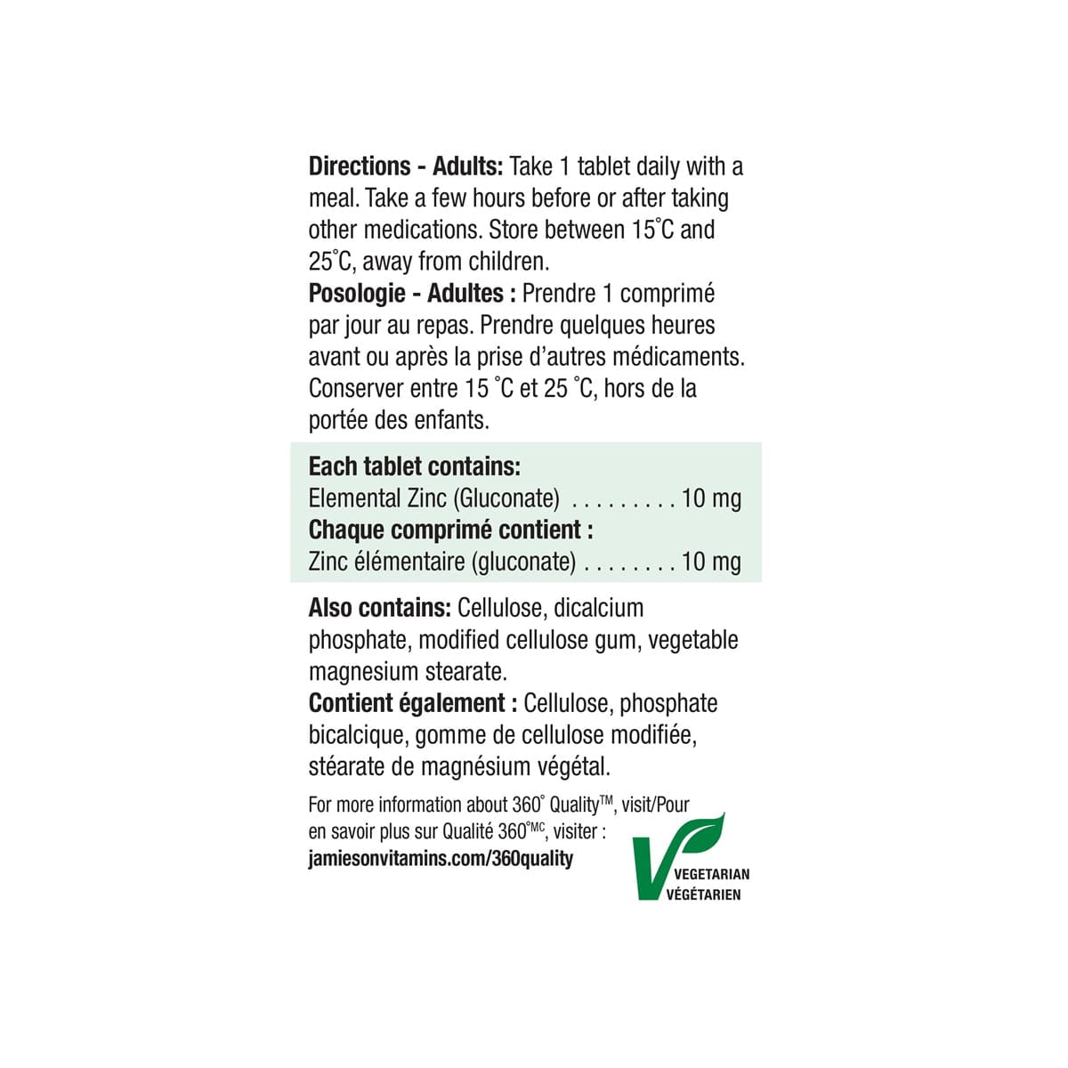Jamieson Zinc 10 mg (100 tablets) Directions and ingredients