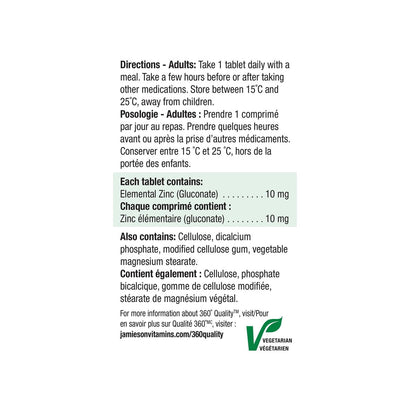 Jamieson Zinc 10 mg (100 tablets) Directions and ingredients