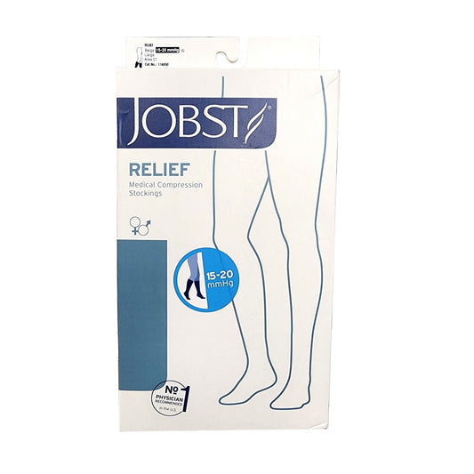 Product label for Jobst Relief Compression Stockings 15-20 mmHg - Knee High / Closed Toe / Beige (Large)