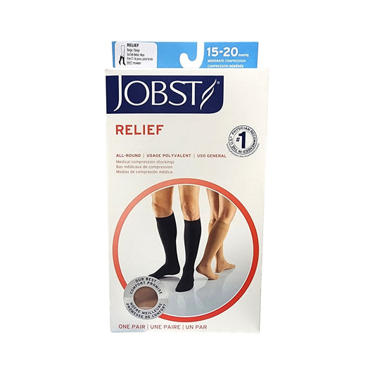 Product label for Jobst Relief Compression Socks 15-20 mmHg - Knee High / Closed Toe / Beige (Medium)