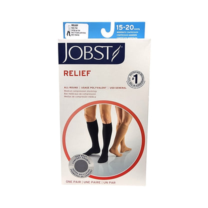 Product label for Jobst Relief Compression Stockings 15-20 mmHg - Knee High / Closed Toe / Black (Large)
