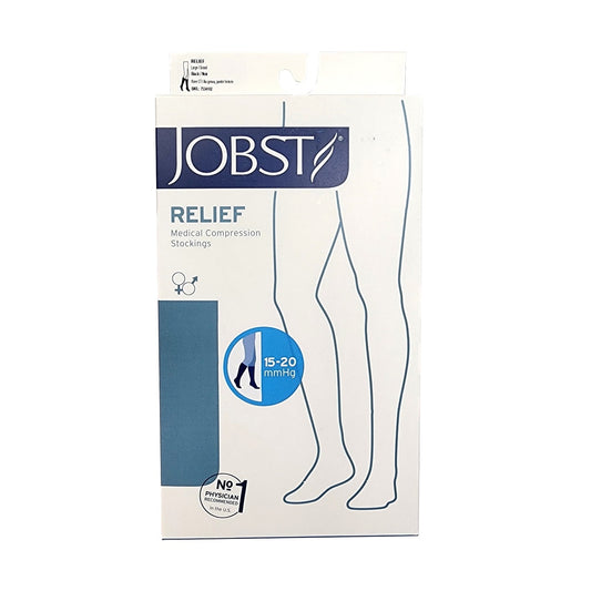 Product label for Jobst Relief Compression Stockings 15-20 mmHg - Knee High / Closed Toe / Black (Large)
