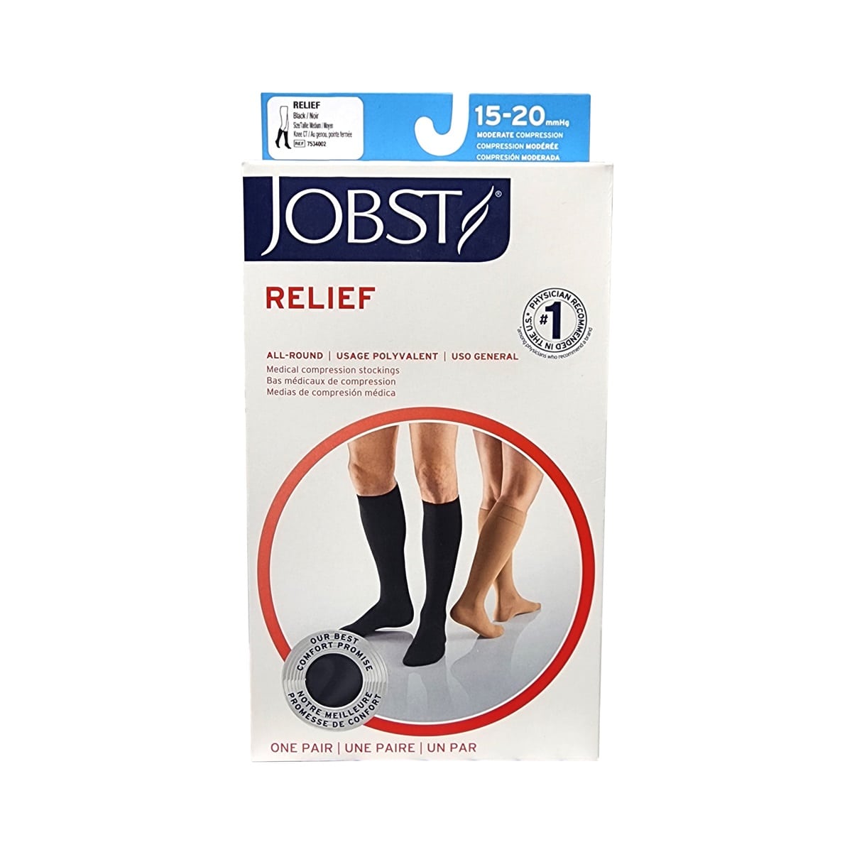 Product label for Jobst Relief Compression Stockings 15-20 mmHg - Knee High / Closed Toe / Black (Medium)