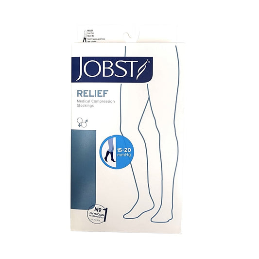 Product label for Jobst Relief Compression Socks 15-20 mmHg - Knee High / Closed Toe / Black (Small)
