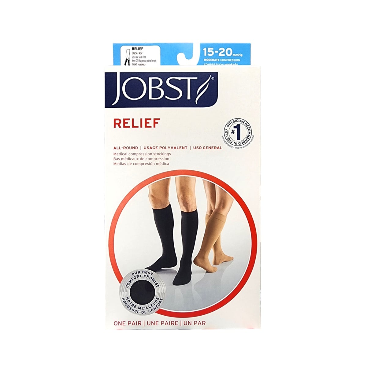 Product label for Jobst Relief Compression Socks 15-20 mmHg - Knee High / Closed Toe / Black (Small)