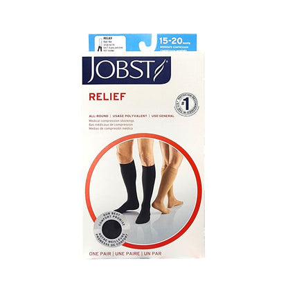 Product label for Jobst Relief Compression Socks 15-20 mmHg - Knee High / Closed Toe / Black (Small)