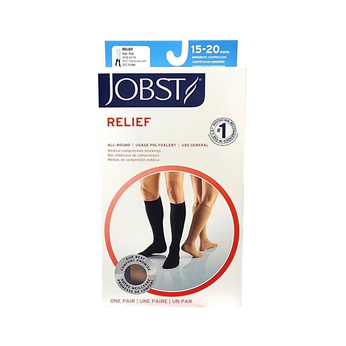 Product label for Jobst Relief Compression Socks 15-20 mmHg - Knee High / Open Toe / Beige (Small)