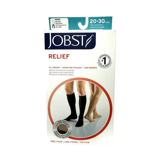 Product label for Jobst Relief Compression Stockings 20-30 mmHg - Knee High / Closed Toe / Beige (Large)