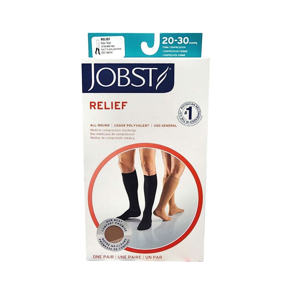 Product package for Jobst Relief Compression Stockings 20-30 mmHg - Knee High / Closed Toe / Beige - Medium