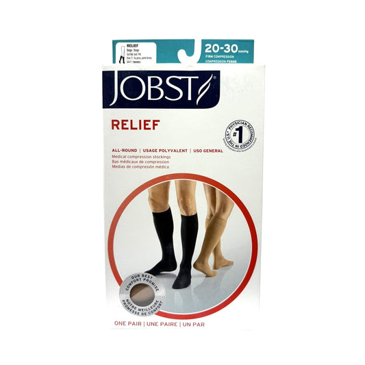 Product label for Jobst Relief Compression Stockings 20-30 mmHg - Knee High / Closed Toe / Beige (Small)