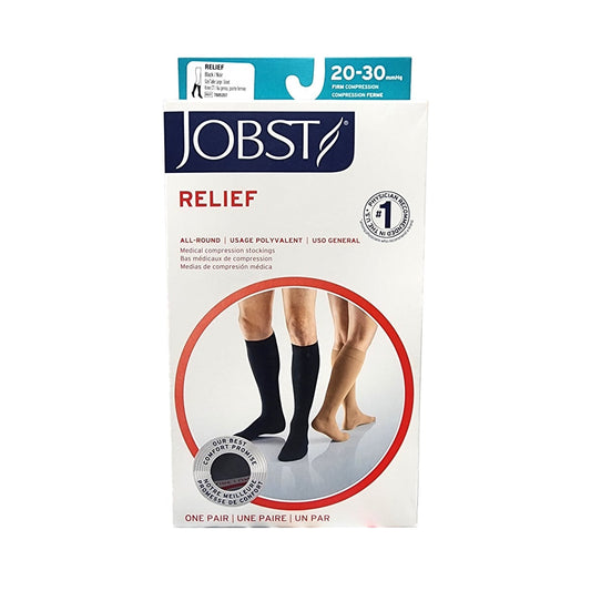 Product label for Jobst Relief Compression Stockings 20-30 mmHg - Knee High / Closed Toe / Black (Large)