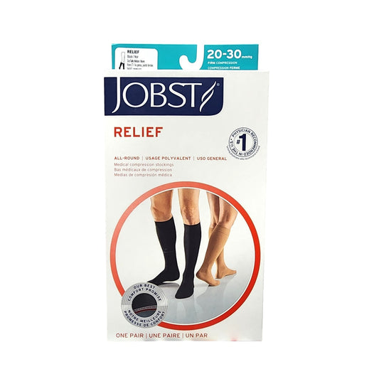 Product label for Jobst Relief Compression Stockings 20-30 mmHg - Knee High / Closed Toe / Black - Medium