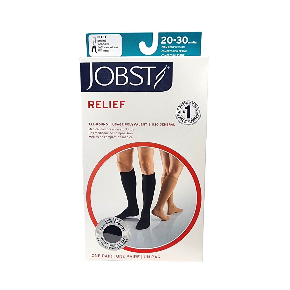 Product label for Jobst Relief Compression Stockings 20-30 mmHg - Knee High / Closed Toe / Black - Small