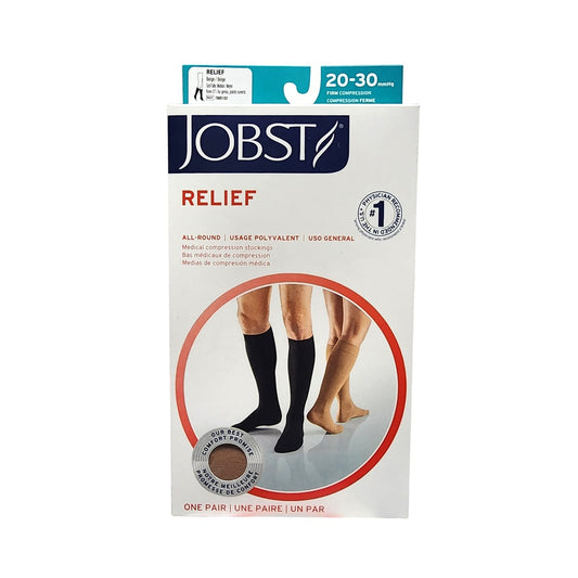 Product label for Jobst Relief Compression Stockings 20-30 mmHg - Knee High / Open Toe / Beige (Medium)