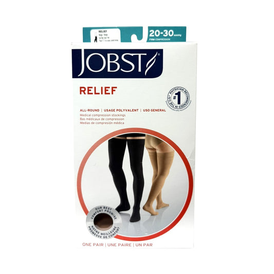 Product label for Jobst Relief Compression Stockings 20-30 mmHg - Thigh High / Silicone Dot Band / Closed Toe / Beige (Small)