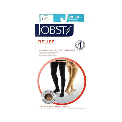 Product label for Jobst Relief Compression Stockings 20-30 mmHg - Thigh High / Silicone Dot Band / Open Toe / Beige (Small)