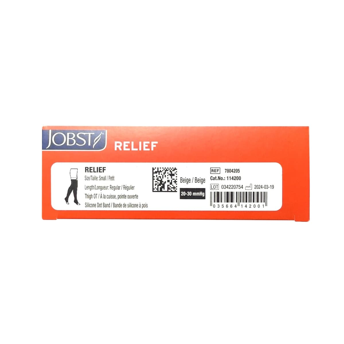 UPC and details for Jobst Relief Compression Stockings 20-30 mmHg - Thigh High / Silicone Dot Band / Open Toe / Beige (Small)