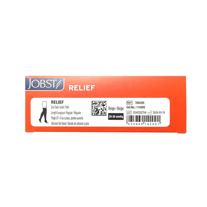 UPC and details for Jobst Relief Compression Stockings 20-30 mmHg - Thigh High / Silicone Dot Band / Open Toe / Beige (Small)