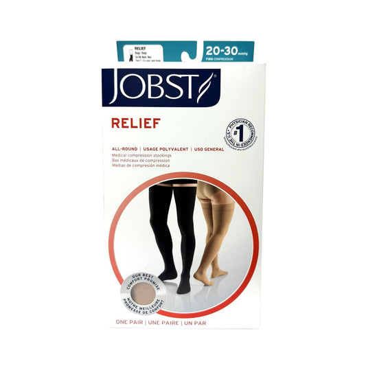 Product label for Jobst Relief Compression Stockings 20-30 mmHg - Thigh High / Silicone Dot Band / Closed Toe / Beige (Medium)