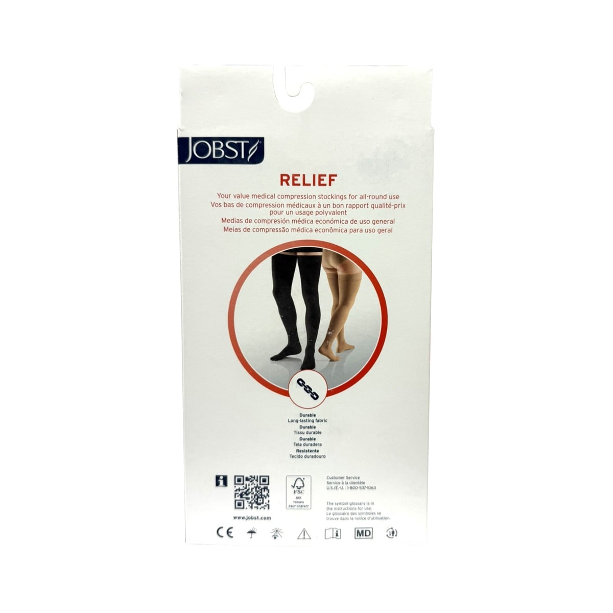 Description and features for Jobst Relief Compression Stockings 20-30 mmHg - Thigh High / Silicone Dot Band / Closed Toe / Black (Medium)