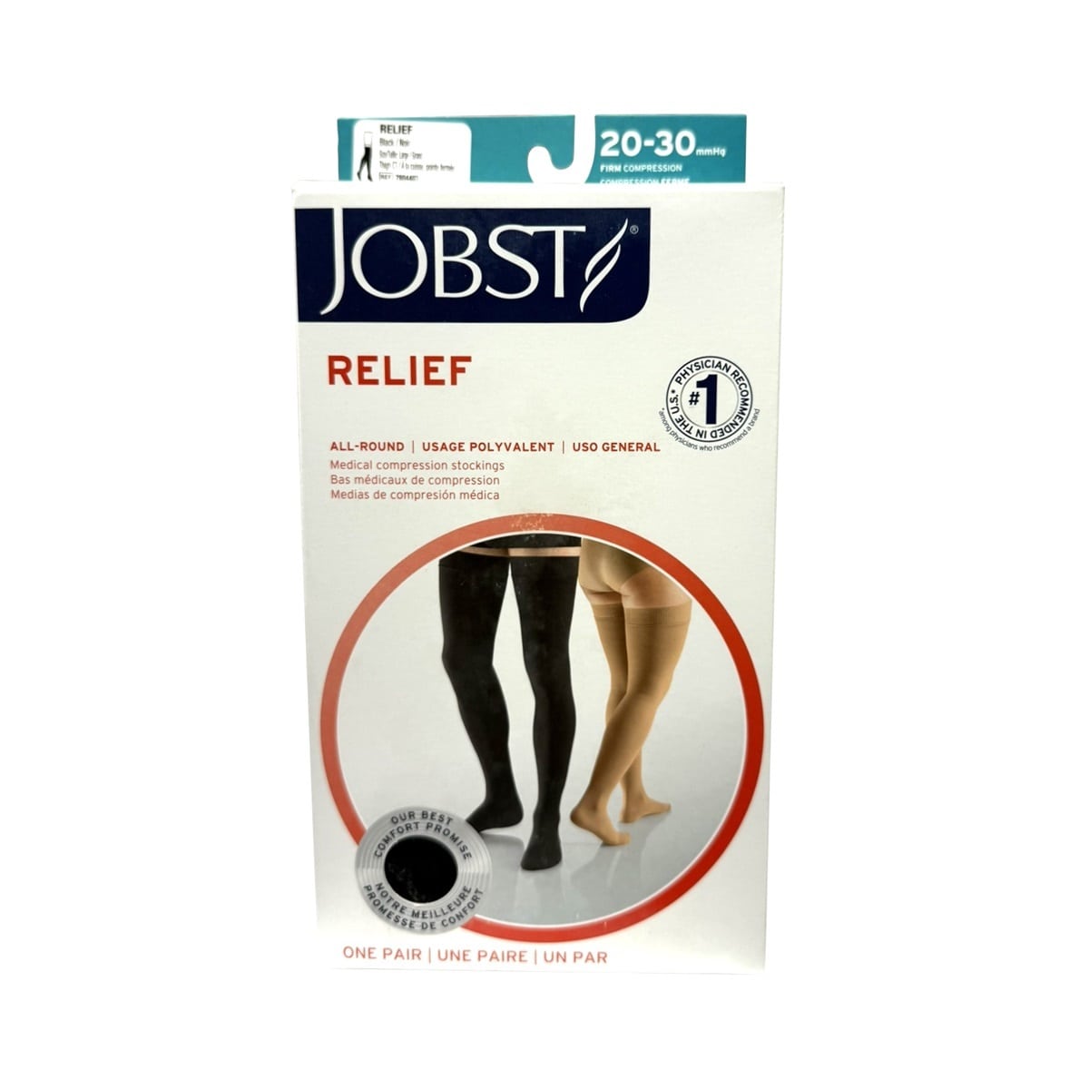 Product label for Jobst Relief Compression Stockings 20-30 mmHg - Thigh High / Silicone Dot Band / Closed Toe / Black (Large)