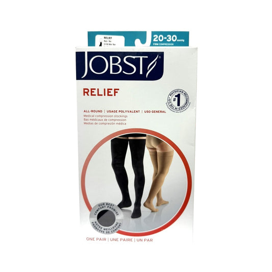 Product label for Jobst Relief Compression Stockings 20-30 mmHg - Thigh High / Silicone Dot Band / Closed Toe / Black (Medium)