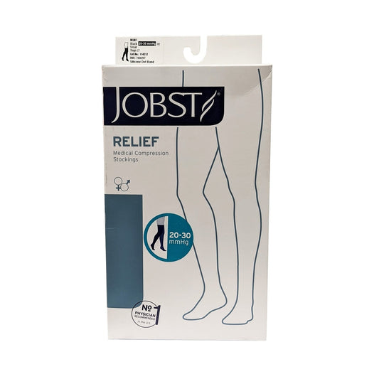 Product label for Jobst Relief Compression Stockings 20-30 mmHg - Thigh High / Silicone Dot Band / Closed Toe / Black (Small)