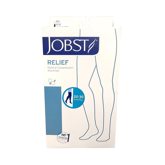 Product label for Jobst Relief Compression Stockings 20-30 mmHg - Thigh High / Silicone Dot Band / Closed Toe / Black (Large)