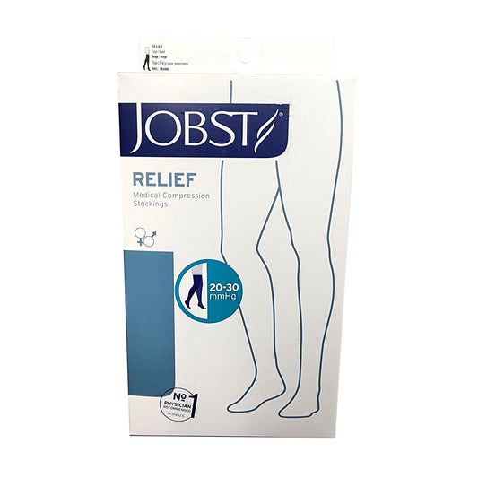 Product label for Jobst Relief Compression Stockings 20-30 mmHg - Thigh High / Silicone Dot Band / Closed Toe / Beige (Large)