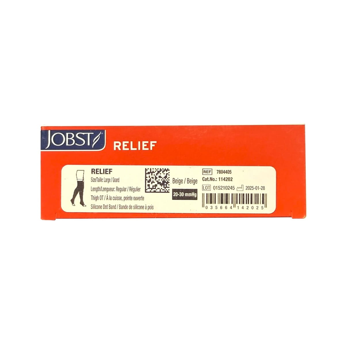 Product details for Jobst Relief Compression Stockings 20-30 mmHg - Thigh High  Silicone Dot Band  Open Toe  Beige (Large)