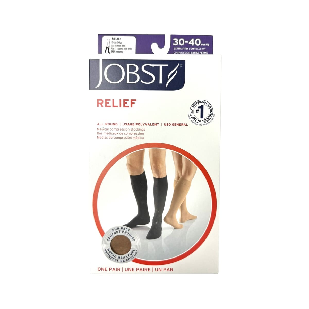 Product label for Jobst Relief Compression Stockings 30-40 mmHg - Knee High / Closed Toe / Beige (Medium)