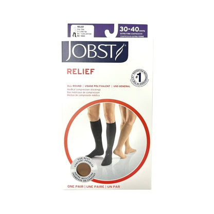 Product label for Jobst Relief Compression Stockings 30-40 mmHg - Knee High / Closed Toe / Beige (Medium)