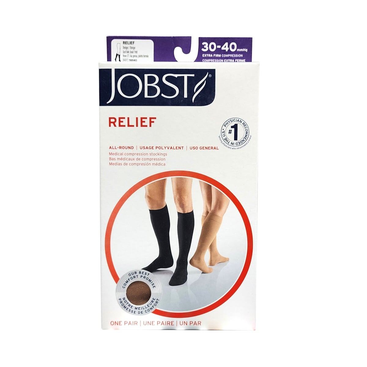 Product label for Jobst Relief Compression Stockings 30-40 mmHg - Knee High / Closed Toe / Beige (Small)