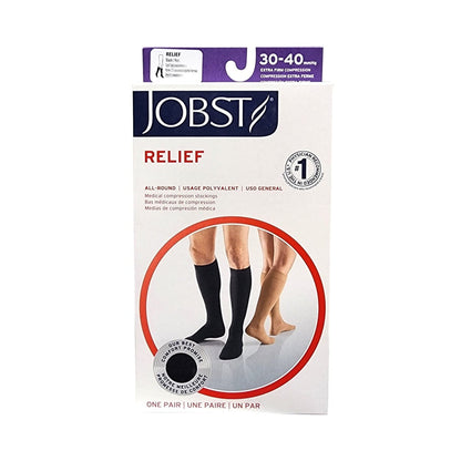 Product label for Jobst Relief Compression Stockings 30-40 mmHg - Thigh High  Silicone Dot Band  Closed Toe  Black (Small)