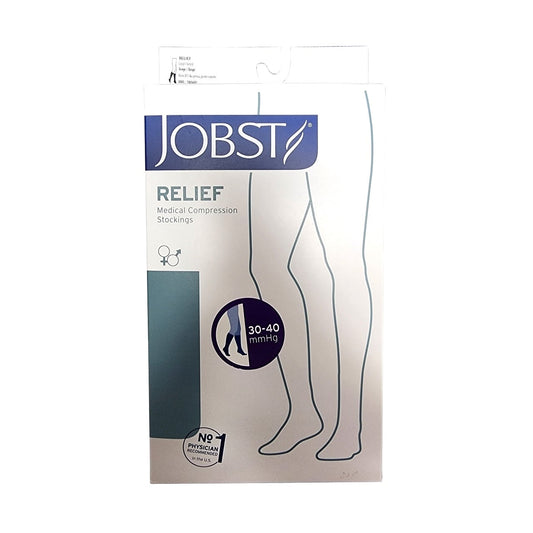 Product label for Jobst Relief Compression Stockings 30-40 mmHg - Knee High / Open Toe / Beige (Large)