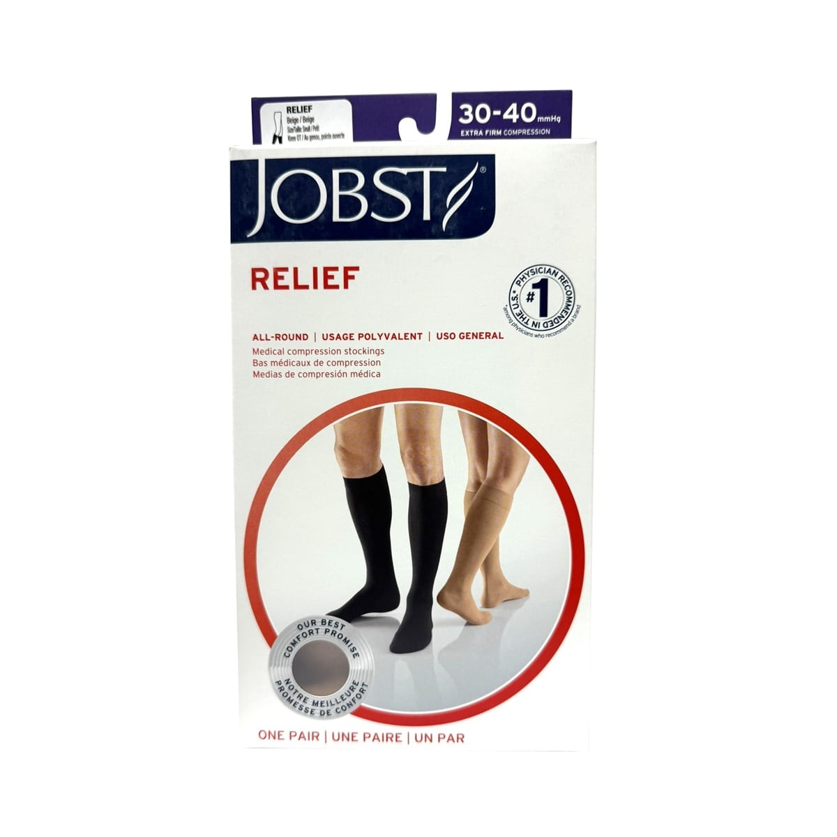 Product label for Jobst Relief Compression Stockings 30-40 mmHg - Knee High / Open Toe / Beige (Small)