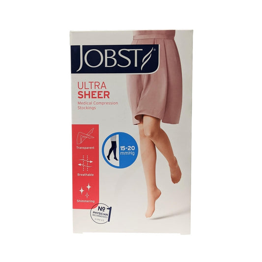 Product label for Jobst UltraSheer Compression Stockings 15-20 mmHg - Thigh High / Silicone Dot Band / Closed Toe / Black (Medium)